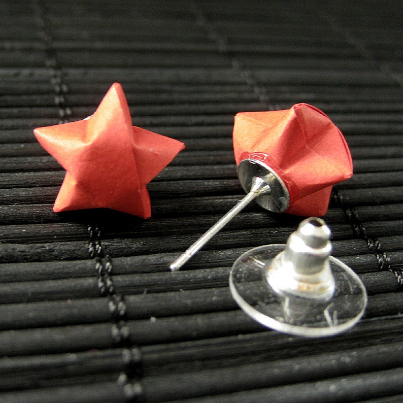 Star Earrings. Red Star Earrings. Origami Star Earrings. Paper Star Earrings. Silver Post Earrings. Stud Earrings. Oragami Jewelry. image 3