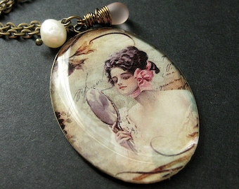 Vanity Necklace. Vintage Woman Charm Necklace with Pink Teardrop and Fresh Water Pearl. Handmade Jewelry.