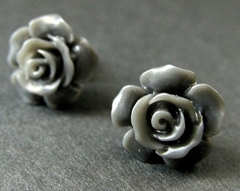 Gray Flower Earrings. Grey Earrings. Gardenia Flower Earrings. Bronze Post Earrings. Gray Rose Earrings. Handmade Earrings.