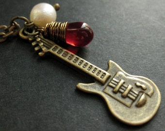 Electric Guitar Necklace. Musical Instrument Necklace with Red Teardrop and Pearl Charm. Handmade Jewellery.