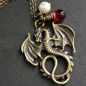 Dragon Charm Necklace. Bronze Dragon Necklace with Red Teardrop and Fresh Water Pearl. Handmade Jewelry.