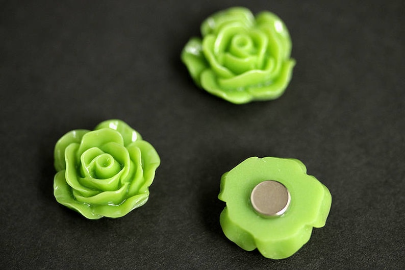 Spring Green Rose Magnets Office Magnets or Kitchen Decor. Refrigerator Magnets Green Flower Magnet Set Set of Three Fridge Magnets