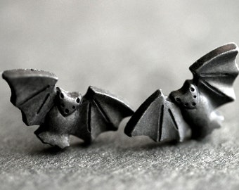 Halloween Earrings. Spooky Bat Earrings. Black Bat Earrings. Halloween Jewelry. Silver Stud Earrings. Post Earrings. Handmade Jewelry.