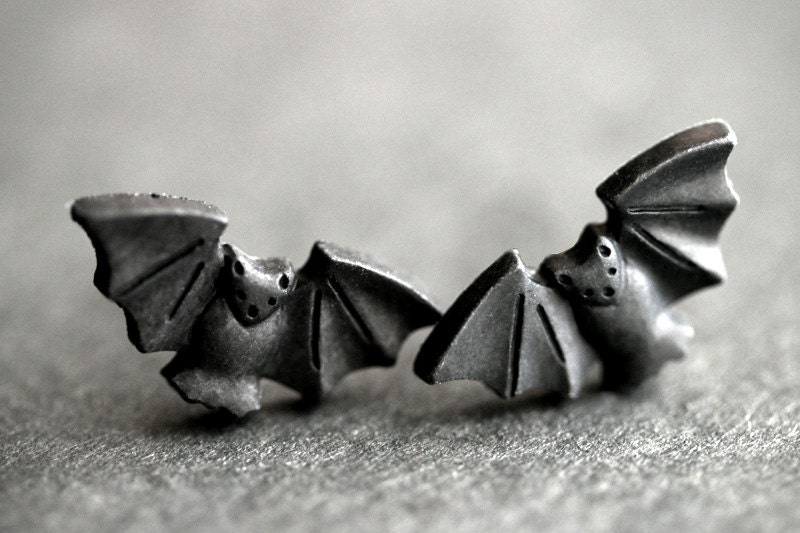 Halloween Earrings. Spooky Bat Earrings. Black Bat Earrings. Halloween  Jewelry. Silver Stud Earrings. Post Earrings. Handmade Jewelry