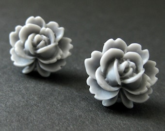 Gray Lotus Flower Earrings. Grey Lotus Earrings. Silver Post Earrings. Gray Earrings. Stud Earrings. Handmade Jewelry.