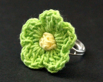 Lime Green Knit Flower Ring. Green Flower Ring. Crochet Flower Ring. Silver Adjustable Ring. Handmade Jewelry.