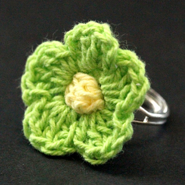 Lime Green Knit Flower Ring. Green Flower Ring. Crochet Flower Ring. Silver Adjustable Ring. Handmade Jewelry.