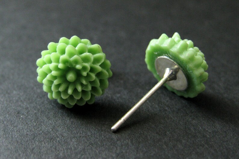 Pistachio Green Mini Mum Earrings. Green Earrings. Silver Post Earrings. Green Flower Earrings. Stud Earrings. Handmade Jewelry. image 3
