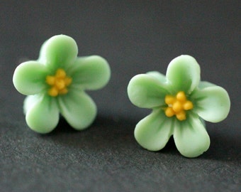 Pastel Green Flower Earrings. Forget Me Not Flower Earrings with Bronze Stud Earrings. Green Earrings. Flower Jewelry. Handmade Jewelry.
