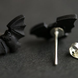 Halloween Earrings. Spooky Bat Earrings. Black Bat Earrings. Halloween Jewelry. Silver Stud Earrings. Post Earrings. Handmade Jewelry. image 5