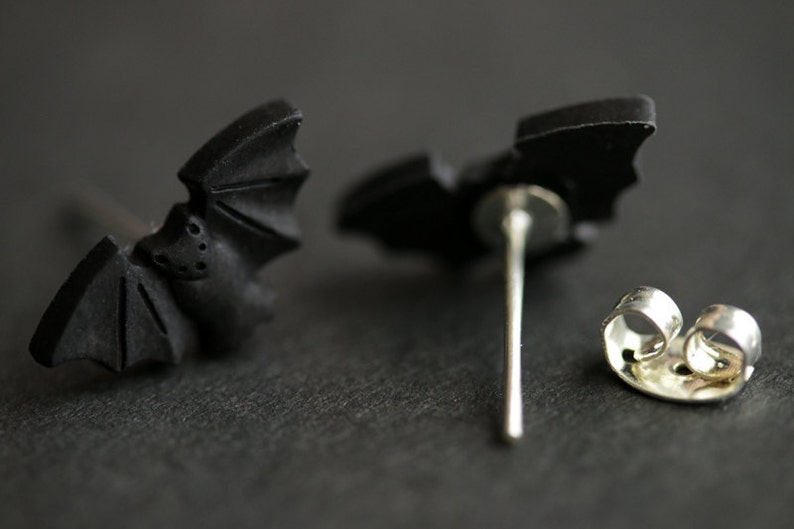 Halloween Earrings. Spooky Bat Earrings. Black Bat Earrings. Halloween Jewelry. Silver Stud Earrings. Post Earrings. Handmade Jewelry. image 5