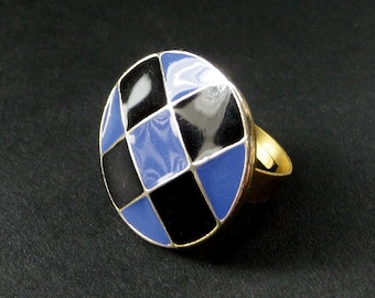 Button Ring. Black and Blue Checkered Vintage Button Ring in Gold. Adjustable Ring. Handmade Jewelry.