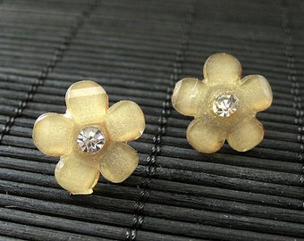 LAST PAIR. Apricot Yellow Flower Earrings with Bronze Post Earrings and Rhinestones. Handmade Jewelry.