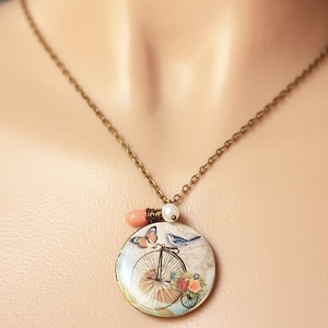 Bluebird Locket Necklace. Bicycle Locket Necklace. Bird Necklace with Pink Coral Teardrop and Pearl. Photo Locket Necklace. Handmade Jewelry image 3