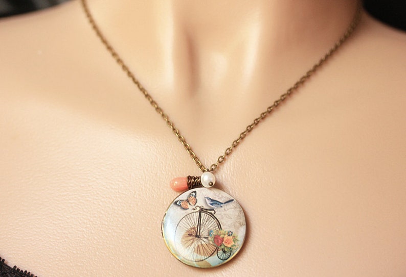 Bluebird Locket Necklace. Bicycle Locket Necklace. Bird Necklace with Pink Coral Teardrop and Pearl. Photo Locket Necklace. Handmade Jewelry image 3