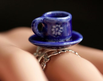 Cobalt Blue Teacup Ring. Blue and White China Cup Ring. Silver Filigree Adjustable Ring. Royal Blue Tea Cup Ring. Handmade Jewelry.