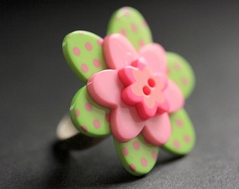 Pink and Lime Flower Ring. Polkadot Flower Ring. Lime and Pink Flower Ring. Button Ring. Adjustable Ring in Silver. Handmade Jewelry.