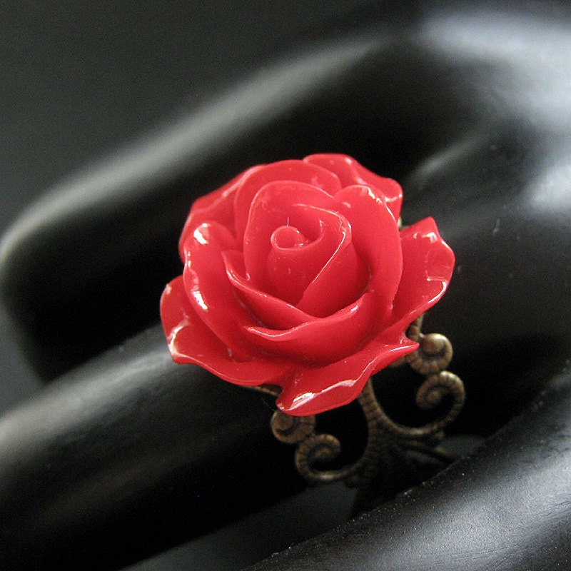 Red Rose Ring. Red Flower Ring. Filigree Adjustable Ring. Flower ...