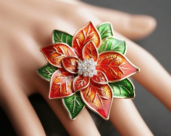 Large Poinsettia Flower Ring. Christmas Ring. Enameled Poinsettia Ring with Rhinestones. Gold Plated Adjustable Ring. Christmas Jewelry.