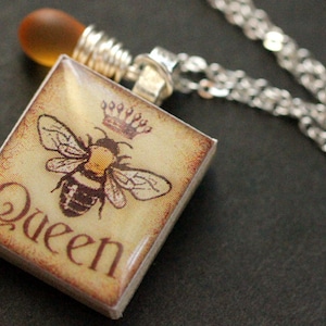 Bee Necklace. Queen Bee Necklace. Scrabble Tile Necklace with Frosted Honey Teardrop. Handmade Jewelry. image 1