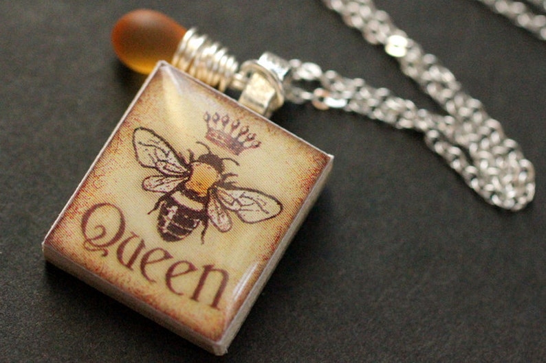 Bee Necklace. Queen Bee Necklace. Scrabble Tile Necklace with Frosted Honey Teardrop. Handmade Jewelry. image 1