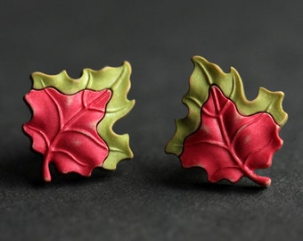 Leaf Earrings. Autumn Leaf Earrings. Green Leaf, Red  Leaf, Bronze Earrings. Red Earrings. Green Earrings. Nature Jewelry Handmade Earrings.