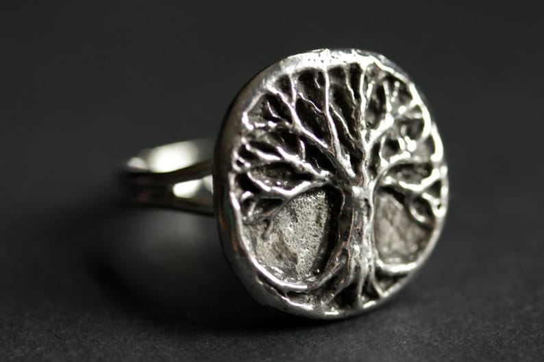 Tree of Life Ring. Tree Ring. Pewter Ring. Adjustable Ring. Silver RIng. Handmade Ring. Pewter Button Ring. Handmade Jewelry. image 1