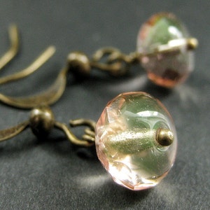 Crystal Earrings. Yellow and Pink Dangle Earrings in Bronze. Handmade Jewelry.