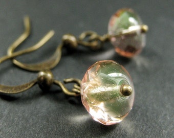 Crystal Earrings. Yellow and Pink Dangle Earrings in Bronze. Handmade Jewelry.