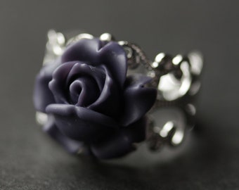 Rose Ring. Purple Rosebud Ring. Dark Purple Flower Ring. Purple Ring. Handmade Ring. Rose Bud Ring. Purple Rose Ring. Handmade Jewelry.