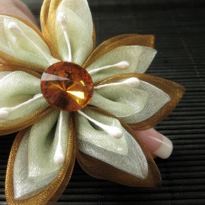 Fabric Flower Ring. Brown and Sage Flower Ring. Bronze Adjustable Ring. Cocktail Ring. Handmade Jewelry. image 3
