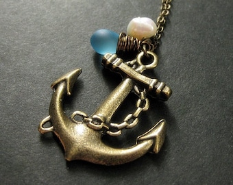 Naval Anchor Necklace. Nautical Necklace with Aqua Teardrop Charm and Fresh Water Pearl. Handmade Jewelry.