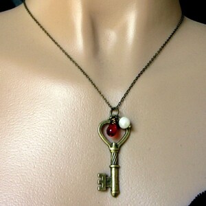 Key Necklace in Bronze with Wire Wrapped Red Teardrop Charm Necklace. Handmade Jewelry. image 3