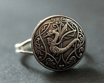 Celtic Dragon Ring. Celtic Knot Button Ring. Silver Button Ring. Adjustable Ring. Handmade Jewelry.