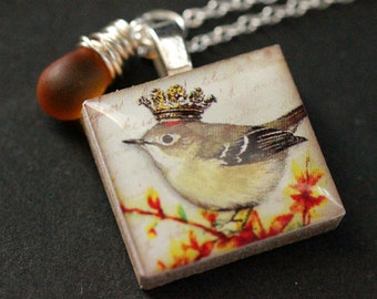 Bird Necklace. King Sparrow Necklace. Scrabble Tile Necklace with Frosted Honey Teardrop. Handmade Jewelry.