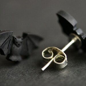 Halloween Earrings. Spooky Bat Earrings. Black Bat Earrings. Halloween Jewelry. Silver Stud Earrings. Post Earrings. Handmade Jewelry. image 3