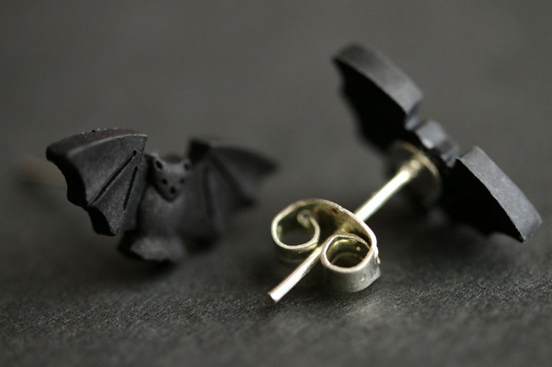 Halloween Earrings. Spooky Bat Earrings. Black Bat Earrings. Halloween Jewelry. Silver Stud Earrings. Post Earrings. Handmade Jewelry. image 3