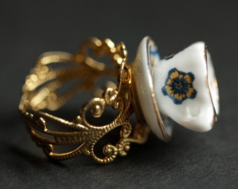 Porcelain Teacup Ring. Dark Blue and Yellow Floral Tea Cup Ring. Gold Ring. Filigree Adjustable Ring. Handmade Jewelry.