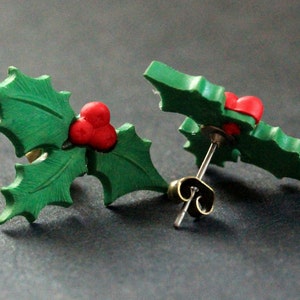 Christmas Holly Earrings. Holiday Earrings. Christmas Earrings. Post Earrings. Stud Earrings. Handmade Jewelry. image 2