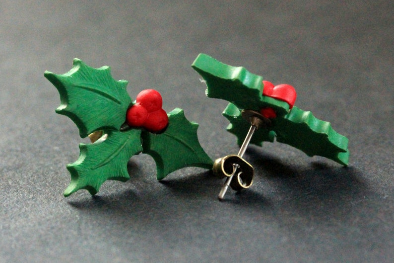 Christmas Holly Earrings. Holiday Earrings. Christmas Earrings. Post Earrings. Stud Earrings. Handmade Jewelry. image 2