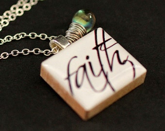 Faith Necklace. Scrabble Tile Necklace. Charm Necklace with Iridescent Glass Teardrop. Handmade Jewelry.