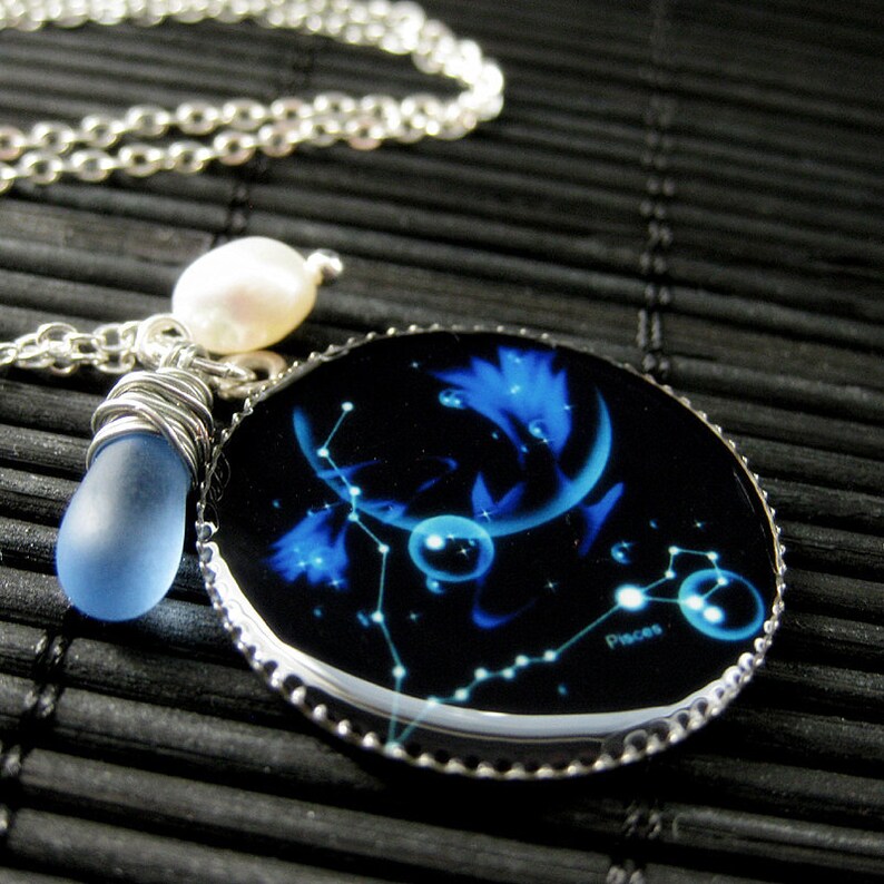 Pisces Zodiac Necklace. Sun Sign Charm Necklace in Blue. Handmade Jewelry. image 3