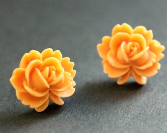 Orange Lotus Flower Earrings. Orange Lotus Earrings. Silver Post Earrings. Orange Earrings. Stud Earrings. Handmade Jewelry.