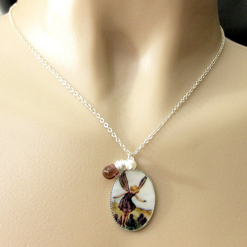 Purple Flower Fairy Necklace. Fairy Pendant with Purple Teardrop and Fresh Water Pearl. Fairy Jewelry. Handmade Jewellery. image 4