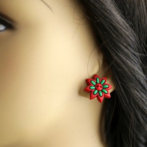Red and Green Earrings. Christmas Earrings. Holiday Flower Earrings. Christmas Jewelry. Bronze Post Earrings. Handmade Xmas Earrings. image 5