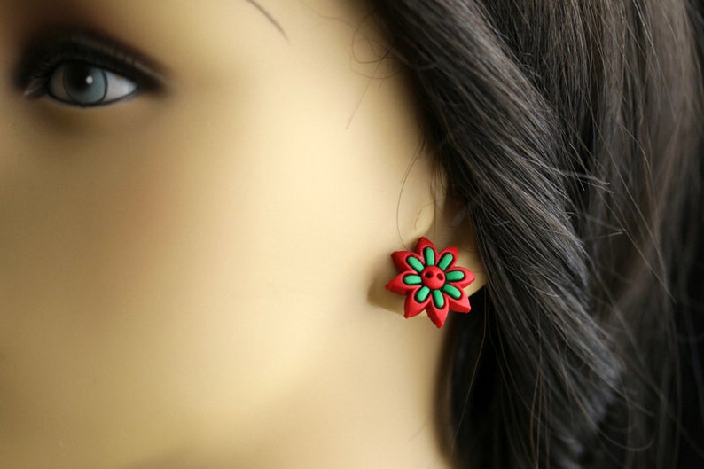 Red and Green Earrings. Christmas Earrings. Holiday Flower Earrings. Christmas Jewelry. Bronze Post Earrings. Handmade Xmas Earrings. image 5