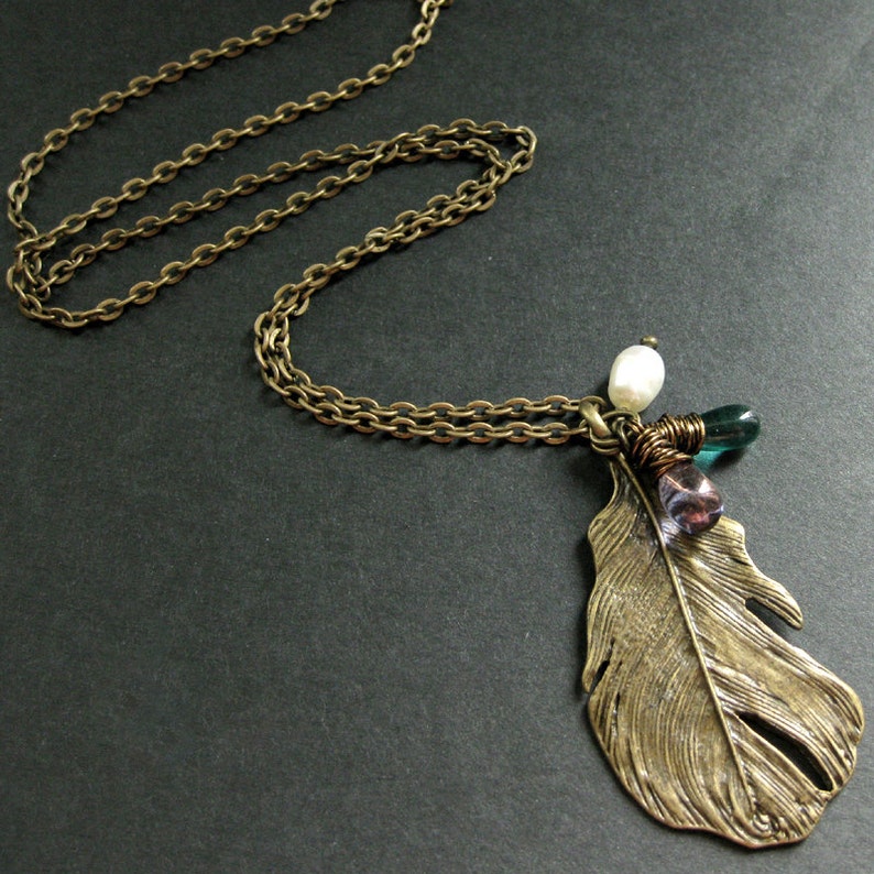 Feather Necklace. Bronze Charm Necklace in Teal, Purple and Fresh Water Pearl. Handmade Jewellery. image 4