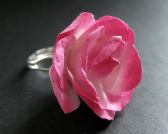 Pink Paper Flower Ring. Dyed Paper Rose Ring. Pink Flower Ring. Adjustable Ring in Silver. Handmade Jewelry.