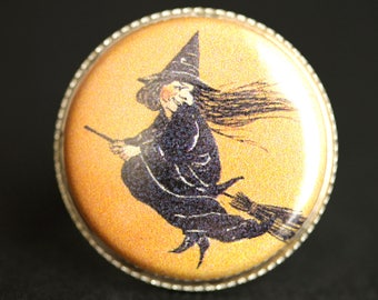 Halloween Ring. Flying Witch Ring. Orange Ring. Vintage Picture Ring. Silver Ring. Halloween Jewelry. Adjustable Ring. Handmade Ring.