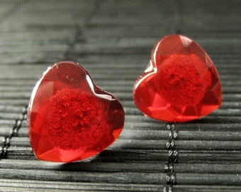 Red Heart Earrings. Red Earrings with Silver Stud Earring Backs. Handmade Jewelry.